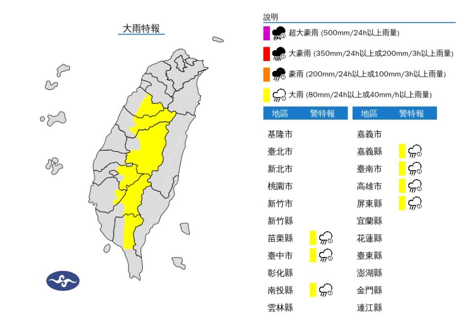 <strong>中央氣象署於14 日下午3時15分，針對全台「7縣市」發布大雨特報（圖／氣象署）</strong>