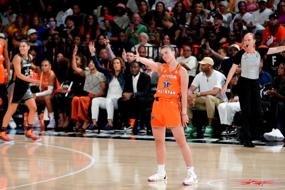 Jul 15, 2023; Las Vegas, NV, USA; Team Stewart guard Sabrina Ionescu (20) celebrates after scoring a four-point shot against Team Wilson during the first half in the 2023 WNBA All-Star Game at Michelob Ultra Arena. Mandatory Credit: Lucas Peltier-USA TODAY Sports