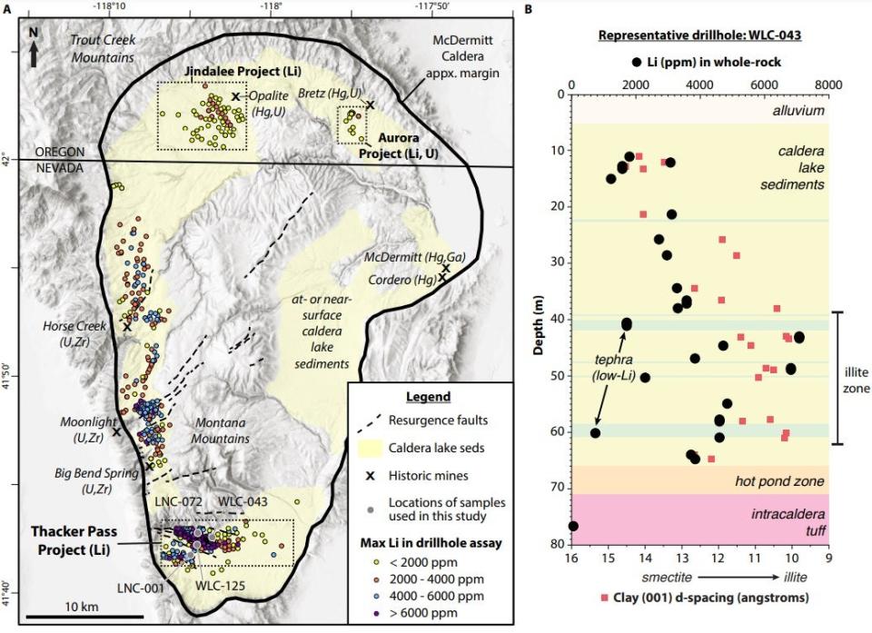 McDermitt Caldera map with colored dots for lithium mining assays