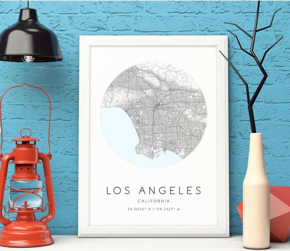 Is he homesick? Give him the gift of his hometown with this printable poster. <a href="https://www.etsy.com/listing/823291519/los-angeles-map-printcaliforniacity-map?ga_search_query=los%2Bangeles&amp;ref=shop_items_search_1" target="_blank" rel="noopener noreferrer">Get it for $5.30 at Etsy</a>.