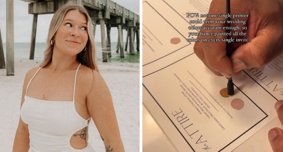 L: Bride posing on the beach in white dress. R: Screenshot of Instagram showing a man painting circles on wedding invitations