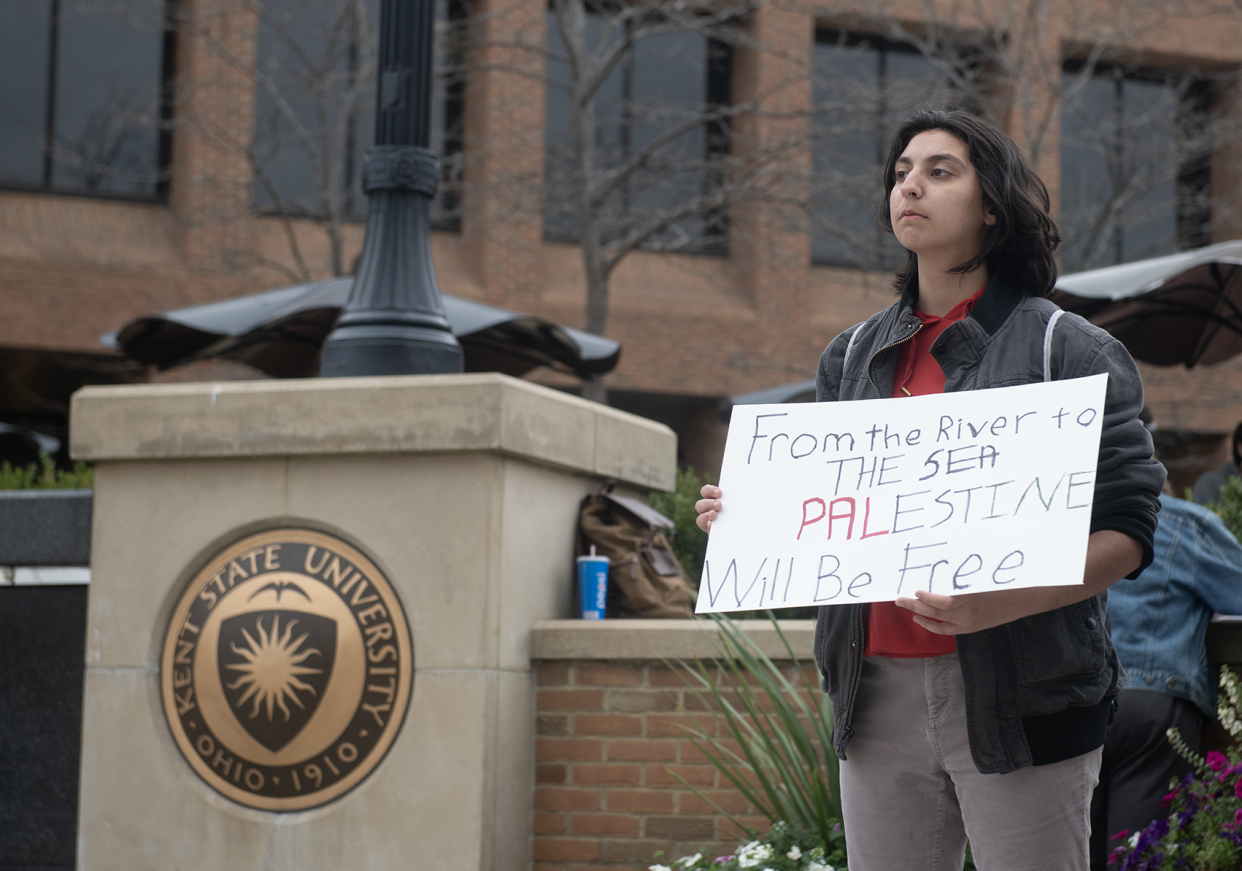 Chris Abou-Elias, Kent State sophomore of Akron and family in Lebanon, on campus during a joint protest for Palestine with Students for Justice in Palestine, Student for Democratic Society, and the Muslim Student Organization.