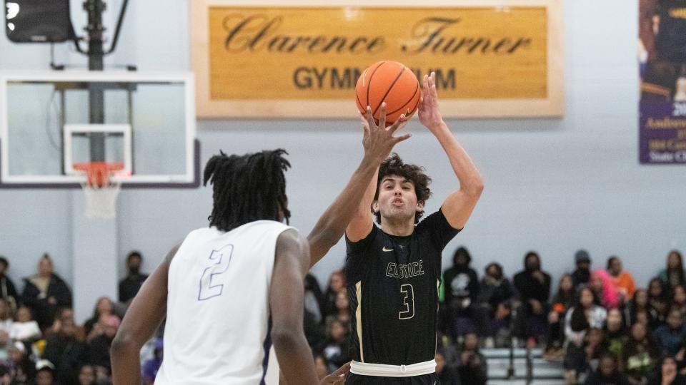 Bishop Eustace's James Iannelli shoots during the boys basketball game between Bishop Eustace and Camden played  at Camden High School on Thursday, February 9, 2023. 