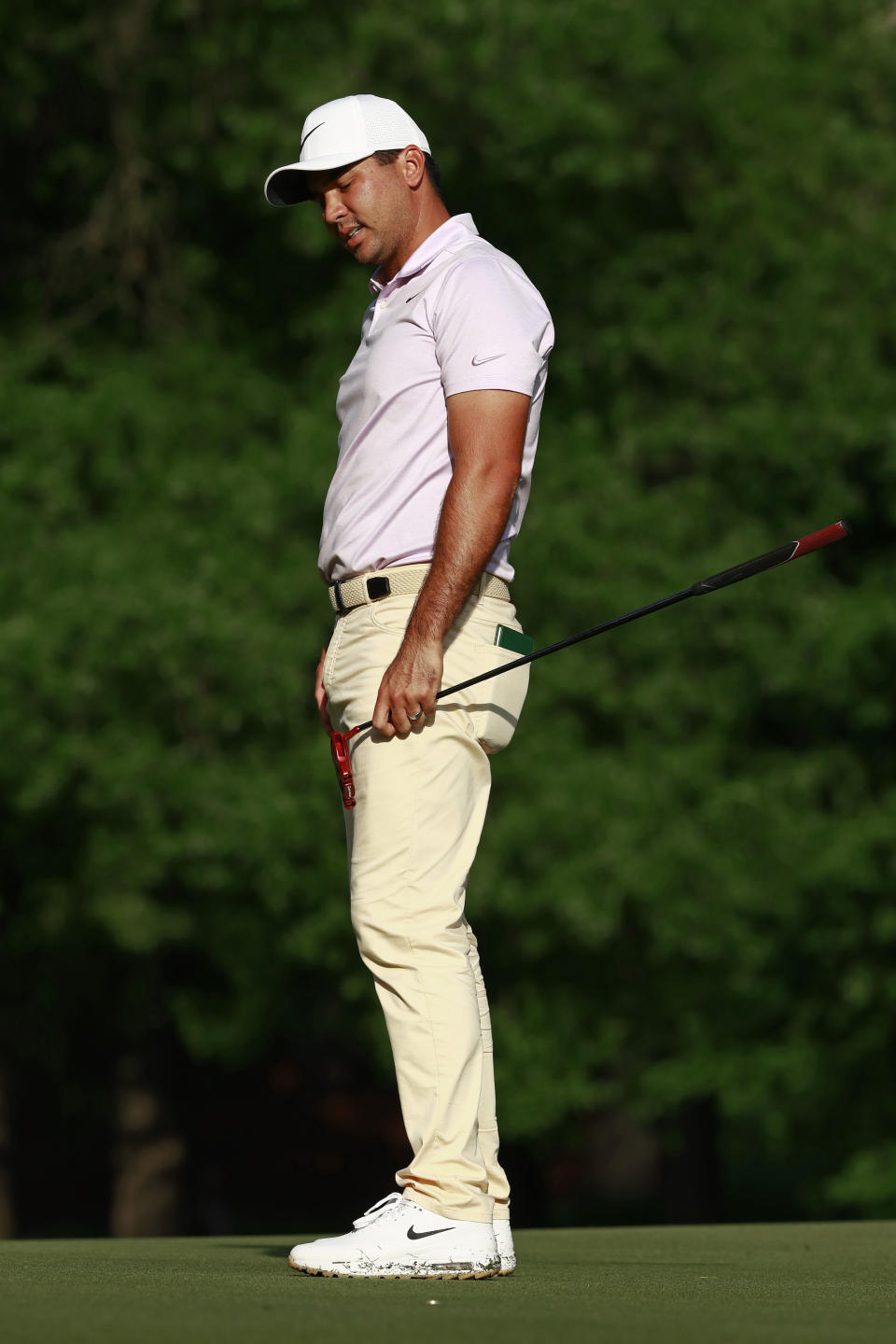 Jason Day reacts to his putt on the 12th hole during the first round of the Wells Fargo Championship golf tournament at Quail Hollow Club in Charlotte, N.C., Thursday, May 2, 2019. (AP Photo/Jason E. Miczek)