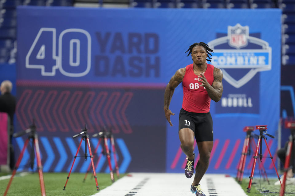 Anthony Richardson not only wowed the NFL combine with his physical measurements and performance, but in his grasp of the game too.  (AP Photo/Michael Conroy)