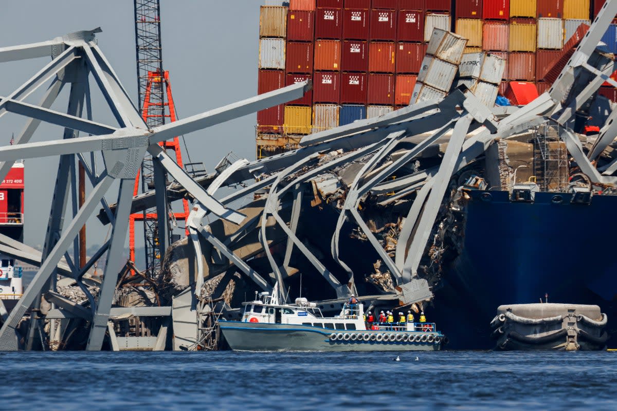 Salvage work continues on the collapsed Francis Scott Key Bridge in Baltimore. (AP)