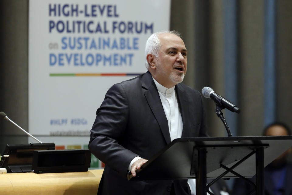 Iran's Foreign Minister Javad Zarif addresses the High Level Political Forum on Sustainable Development, at United Nations headquarters, Wednesday, July 17, 2019. (AP Photo/Richard Drew)