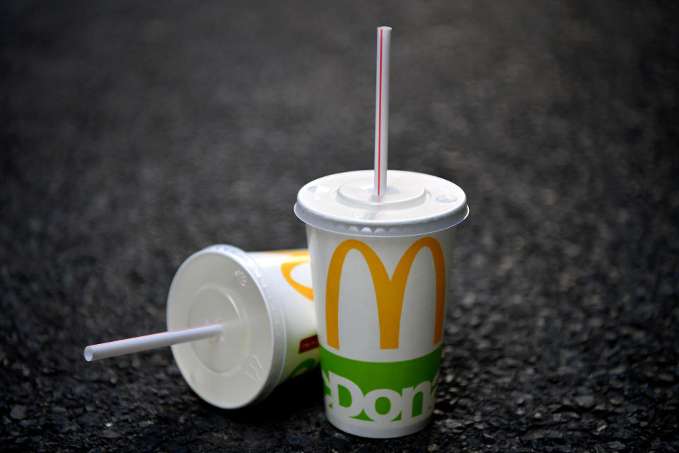 A McDonald's cup and plastic straw in Sydney, Wednesday, July 18, 2018.