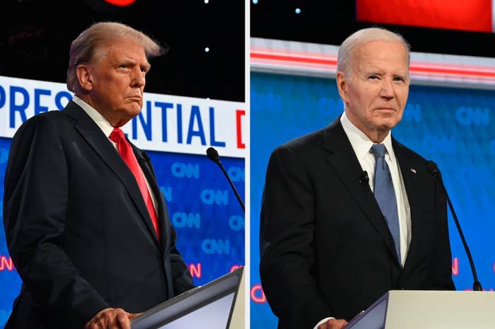 Donald Trump and Joe Biden stand behind podiums during a presidential debate, each wearing suits and ties