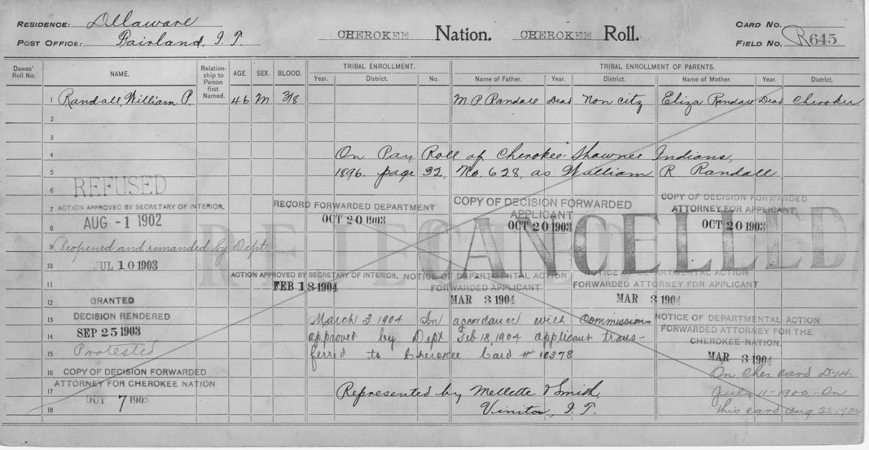 <span class="caption">A Cherokee Census card from 1904. </span> <span class="attribution"><a class="link " href="https://commons.wikimedia.org/wiki/File:Enrollment_for_Cherokee_Census_Card_R645_-_NARA_-_259708.jpg#/media/File:Enrollment_for_Cherokee_Census_Card_R645_-_NARA_-_259708.jpg" rel="nofollow noopener" target="_blank" data-ylk="slk:Wikimedia Commons/U.S. National Archives and Records Administration;elm:context_link;itc:0;sec:content-canvas">Wikimedia Commons/U.S. National Archives and Records Administration</a></span>