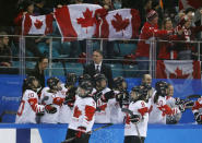 Ice Hockey - Pyeongchang 2018 Winter Olympics - Women's Semifinal Match - Canada v Olympic Athletes from Russia - Gangneung Hockey Centre, Gangneung, South Korea - February 19, 2018 - Jennifer Wakefield of Canada celebrates with team mates. REUTERS/Brian Snyder