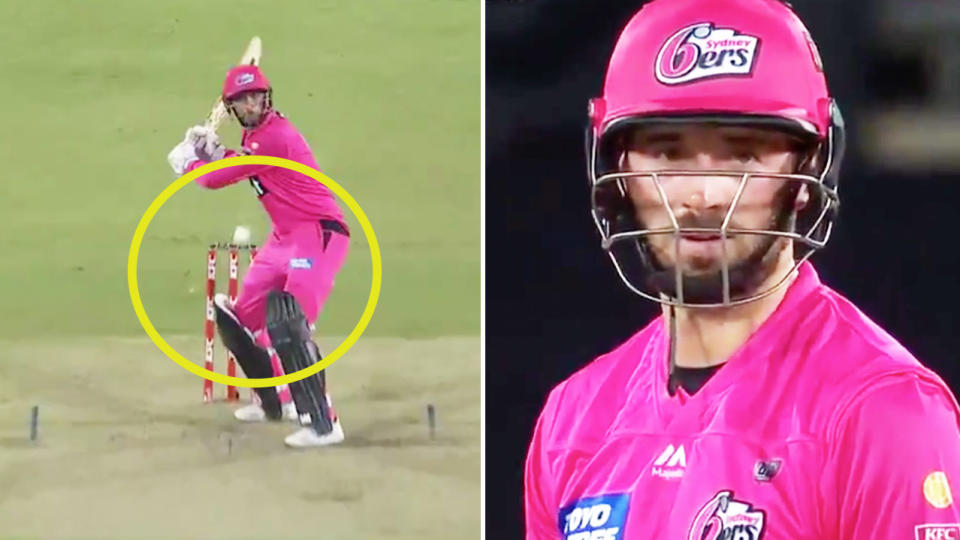 James Vince (pictured left) was left stranded on 98 runs after a wide for the final ball from AJ Tye, which clearly left him frustrated (pictured right). (Images: Fox Sports)