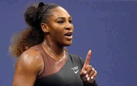 Sept 8, 2018; New York, NY, USA; Serena Williams of the USA talks to chair umpire after a code violation for coaching while playing Naomi Osaka of Japan in the women’s final on day thirteen of the 2018 U.S. Open tennis tournament at USTA Billie Jean King National Tennis Center - Credit: USA TODAY 