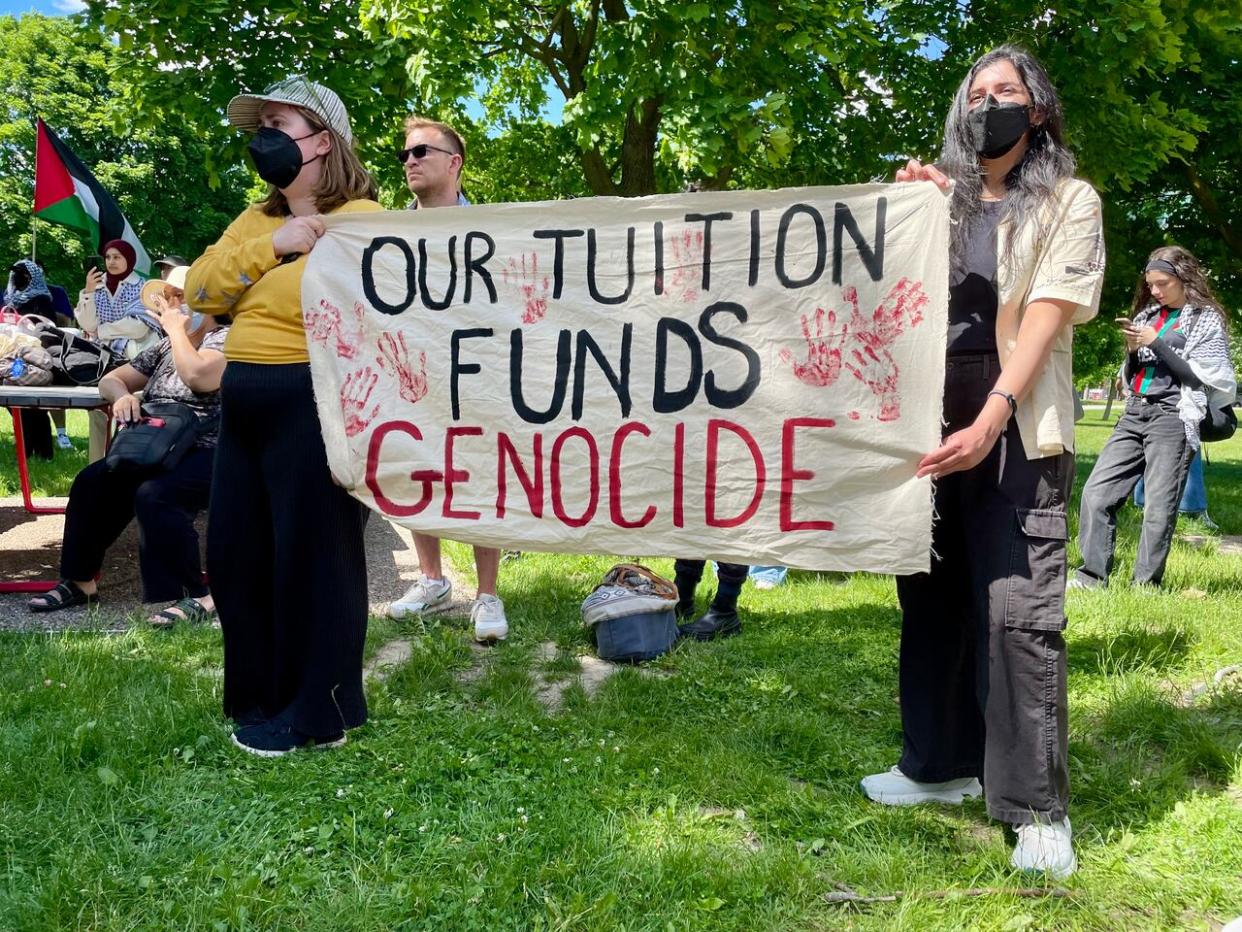 Demonstrators held a rally Thursday after a pro-Palestinian encampment at York University was dismantled. (Mehrdad Nazarahari/CBC - image credit)