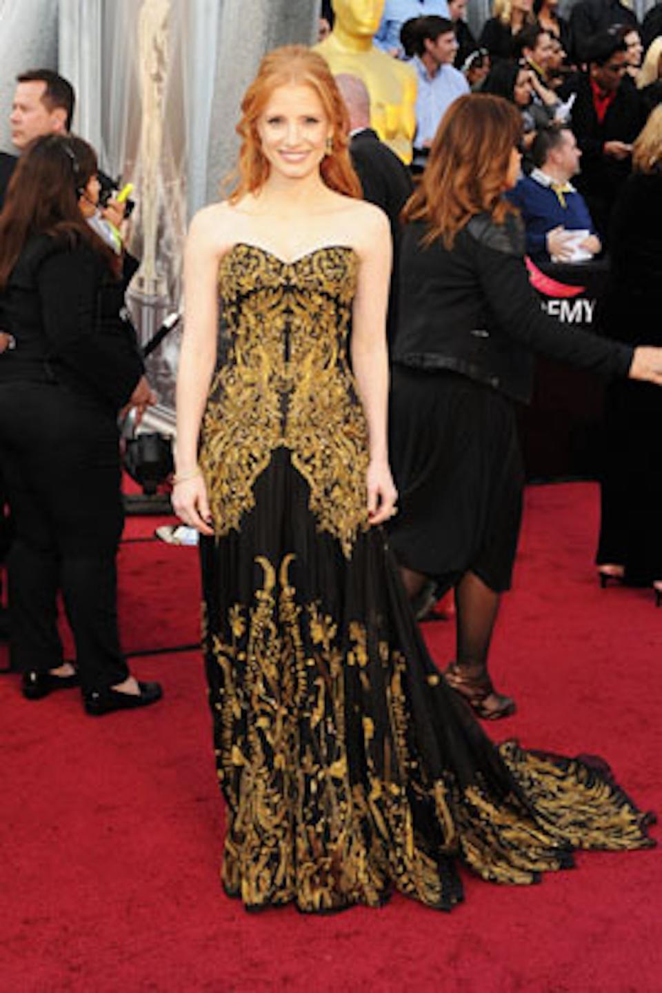 <div class="caption-credit"> Photo by: Getty</div>Jessica Chastain wore $2 million worth of Harry Winston jewelry paired with her ravishing gold Alexander McQueen gown to the Oscars in 2012. <br>