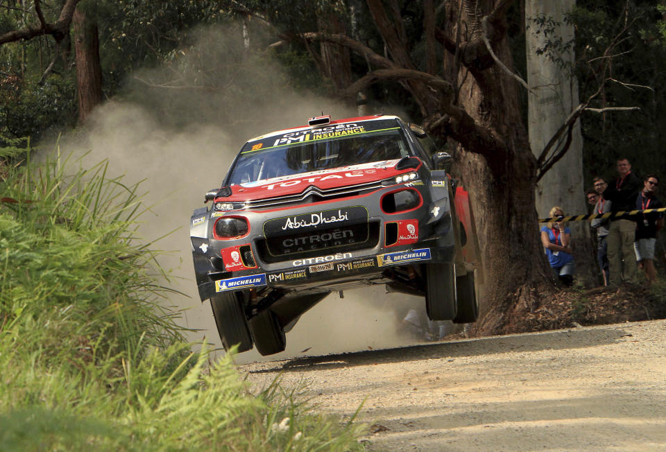 Norwegian rally driver Mads Ostberg steers his car during a leg of Rally Australia on the Coffs Coast, Australia, Friday, Nov. 16, 2018. (Neil Blackbourn/Rally Australia via AP)