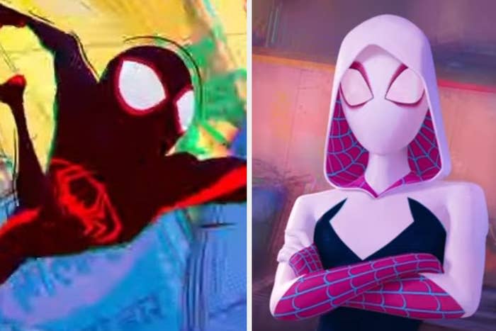 Miles swinging through a city in an alternate dimension in "Spider-Man: Across the Spider Verse (Part One)"/Gwen standing on the side of a building with her arms crossed in "Spider-Man: Across the Spider-Verse (Part One)"