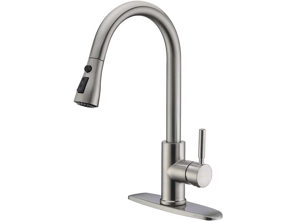 WEWE Single Handle High Arc Brushed Nickel Pull Out Kitchen Faucet, Single Level Stainless Kitchen Sink Faucets with Pull Down Sprayer