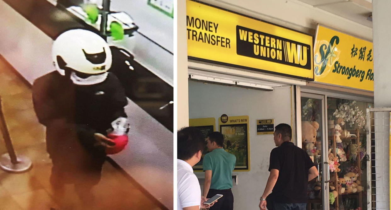 A CCTV image of the Western Union robbery suspect and the shopfront of the money transfer outlet. (Photos: Singapore Police Force, Gabriel Choo/Yahoo Singapore)