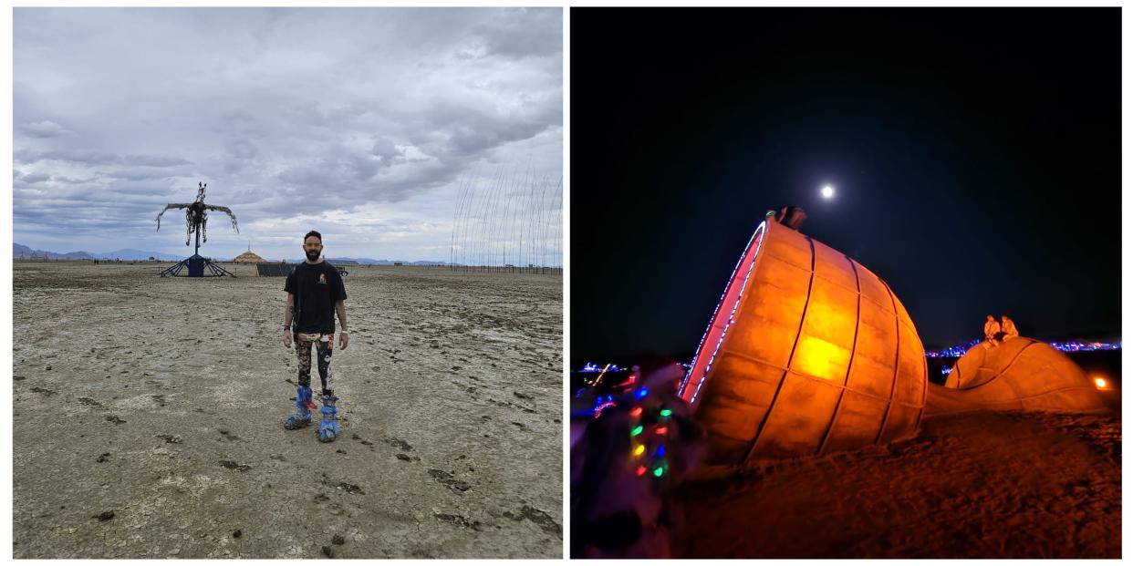 Side-by-side composite of a photo of Dan Murrary-Serter next to a photo from Burning Man. 