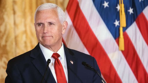 PHOTO: Former Vice President Mike Pence speaks during the Nixon National Energy Conference at the Richard Nixon Presidential Library & Museum in Yorba Linda, Calif., April 19, 2023. (Eric Thayer/Bloomberg via Getty Images, FILE)