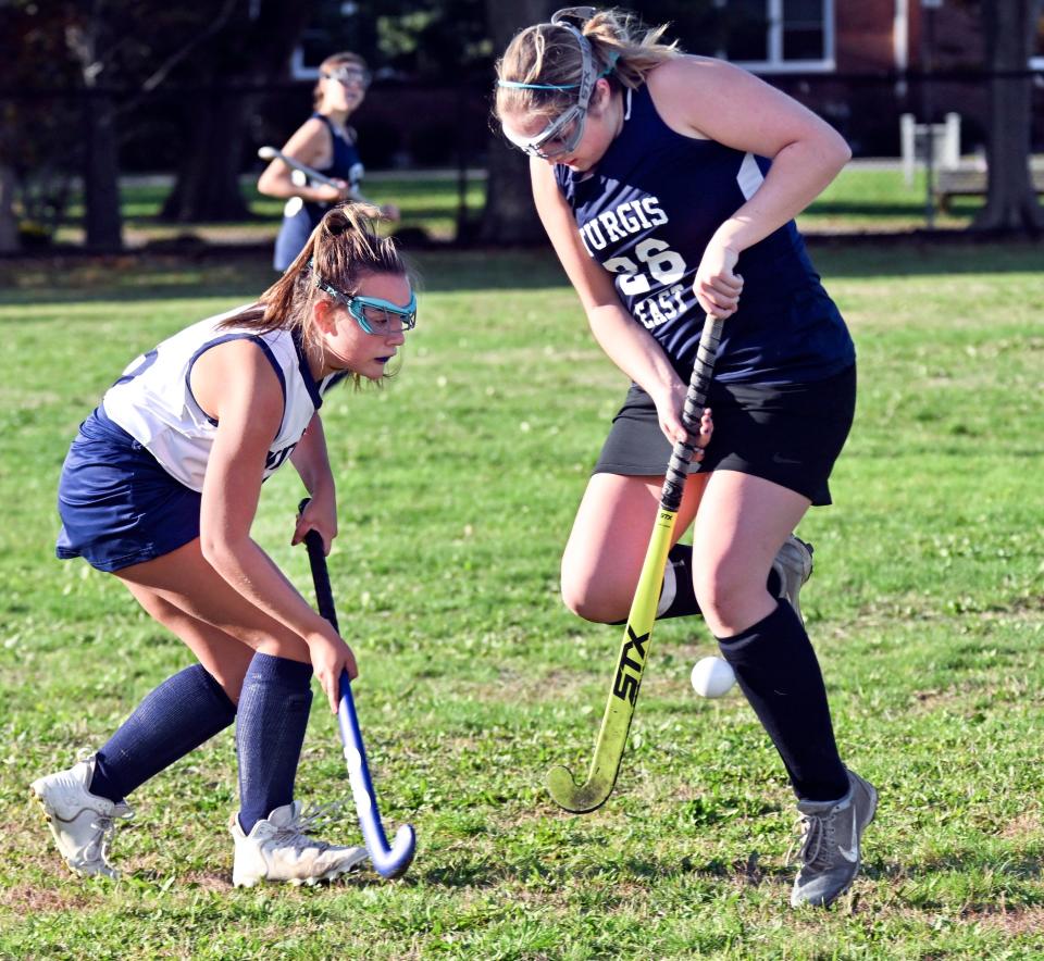 SOUTH YARMOUTH   10/19/22   Suz Peraner of Nantucket hits the ball at  Shannon Keating of Sturgis East.  Nantucket won the match 1-0. for a photo gallery : https://www.capecodtimes.com/news/photo-galleries/