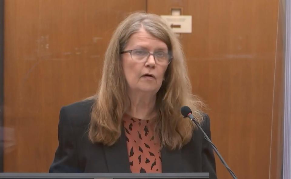 In this screen grab from video, former Minneapolis police officer Derek Chauvin mother Carolyn Pawlenty is seen during victim impact statements as Hennepin County Judge Peter Cahill presides over sentencing, Friday, June 25, 202 at the Hennepin County Courthouse in Minneapolis.