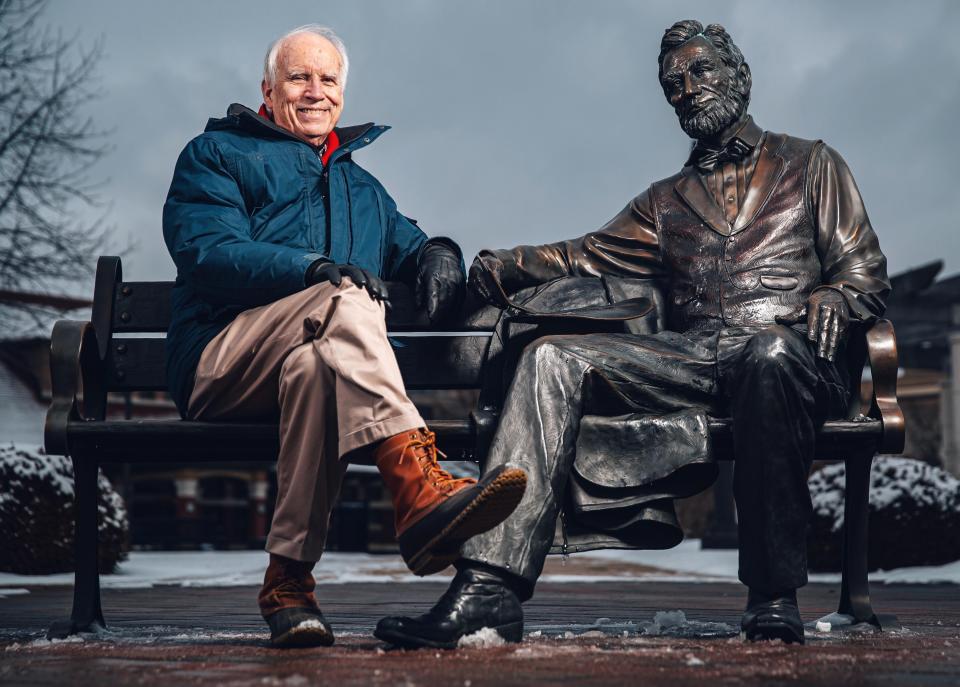 Michael Burlingame, the Naomi B. Lynn Distinguished Chair in Lincoln Studies at the University of Illinois Springfield, moderates a discussion with presenters from the Benjamin P. Thomas Symposium, along with author Sidney Blumenthal, in Springfield on Feb. 19.