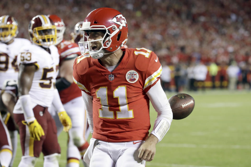 Kansas City Chiefs quarterback Alex Smith celebrates a touchdown against Washington on Monday night. (AP)