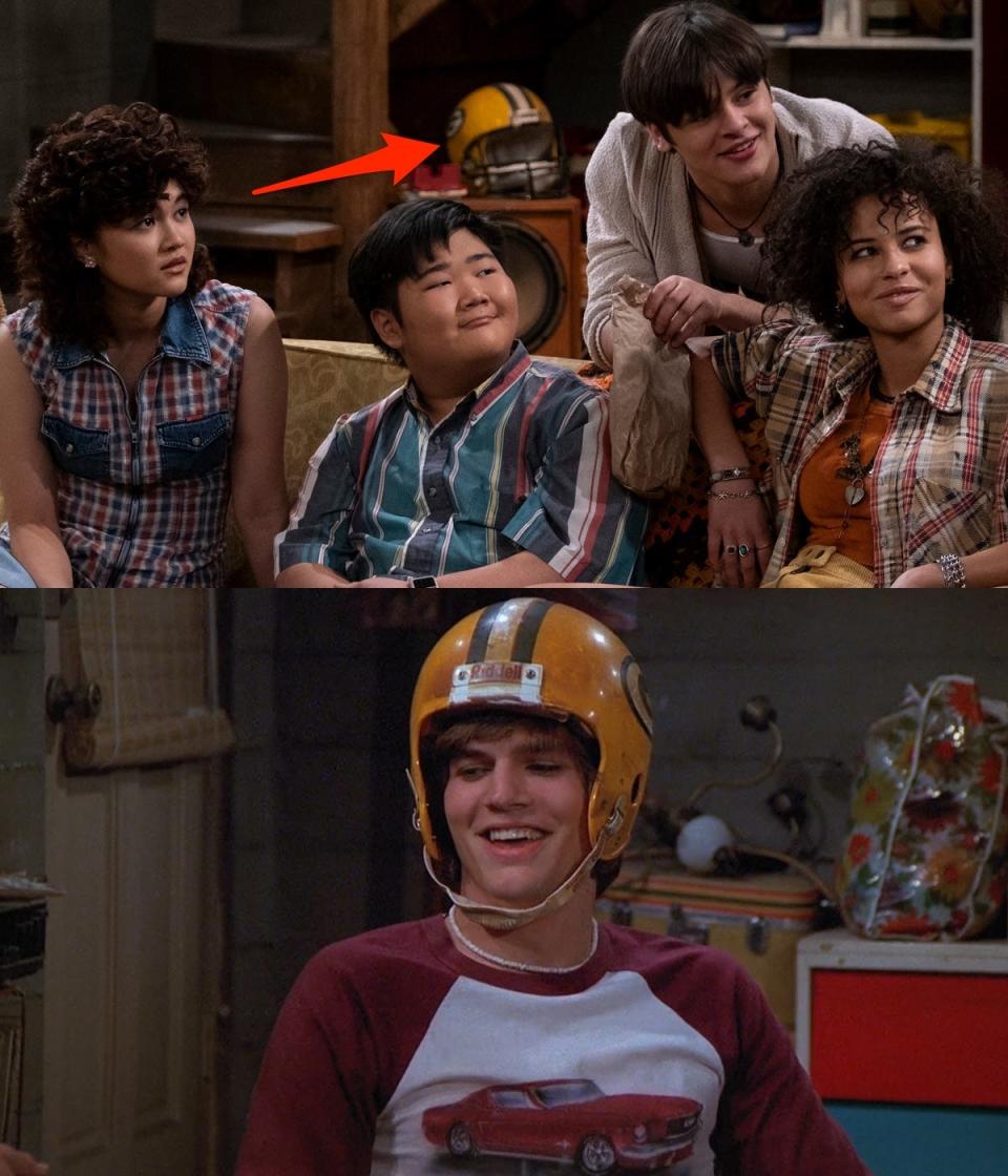 In the top photo: (L to R) Sam Morelos as Nikki, Reyn Doi as Ozzie, Mace Coronel as Jay Kelso, and Ashley Aufderheide as Gwen Runck on season one, episode two of "That ‘90s Show." In the bottom photo: Ashton Kutcher as Michael Kelso on season two, episode 10 of "That '70s Show."