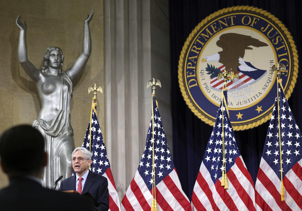 Attorney General Merrick Garland speaks at the Justice Department in Washington, on Tuesday, June 15, 2021. (Win McNamee/Pool via AP)