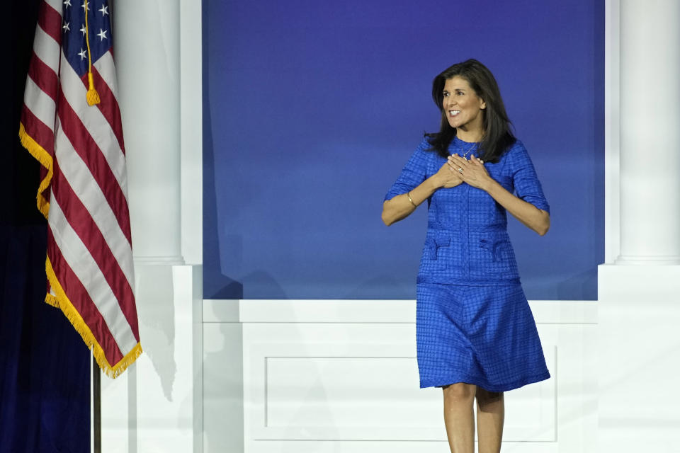 Republican presidential candidate and former U.N. Ambassador Nikki Haley arrives to speak at an annual leadership meeting of the Republican Jewish Coalition, Saturday, Oct. 28, 2023, in Las Vegas. (AP Photo/John Locher)