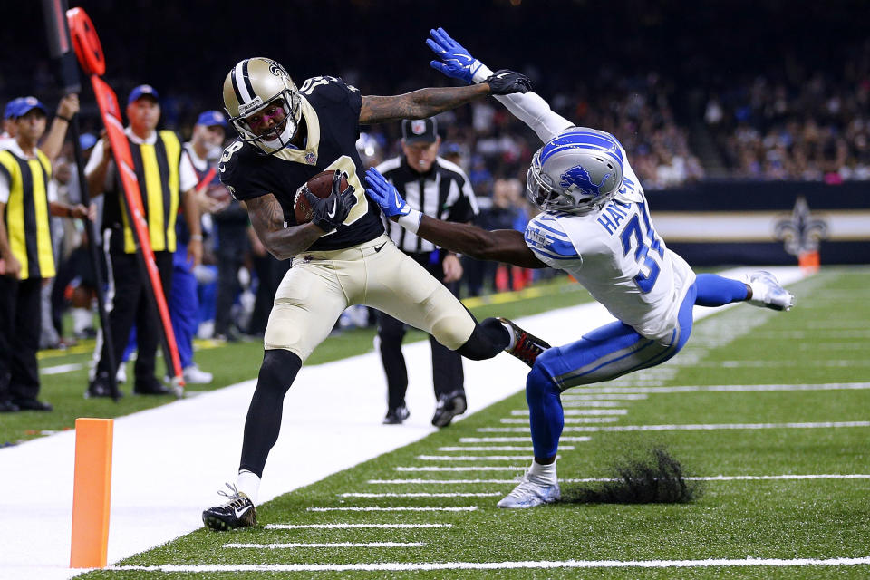 <p>D.J. Hayden #31 of the Detroit Lions forces Ted Ginn #19 of the New Orleans Saints out of bounds during the first half of a game at the Mercedes-Benz Superdome on October 15, 2017 in New Orleans, Louisiana. (Photo by Jonathan Bachman/Getty Images) </p>