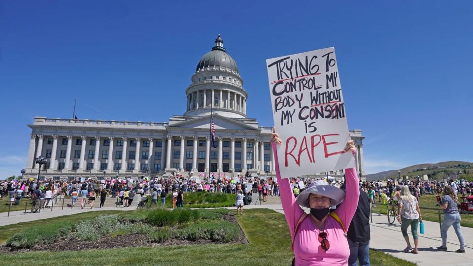 Mandatory Credit: Photo by Rick Bowmer/AP/Shutterstock (12940231c) People attend an abortion-rights rally at the Utah State Capitol, in Salt Lake City. Demonstrators are rallying from coast to coast in the face of an anticipated Supreme Court decision that could overturn women's right to an abortion Supreme Court Abortion Protests, Salt Lake City, United States - 14 May 2022