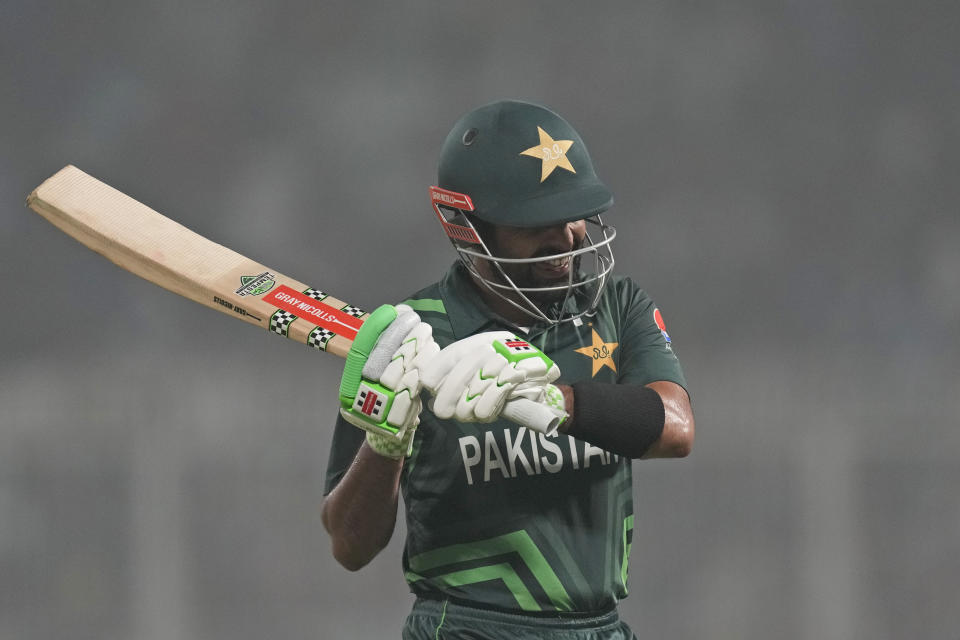 Pakistan's captain Babar Azam reacts as he leaves the field after being dismissed during the ICC Men's Cricket World Cup match between Pakistan and England in Kolkata, India, Saturday, Nov. 11, 2023. (AP Photo/Bikas Das)