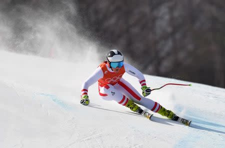 Feb 19, 2018; Pyeongchang, South Korea; Ramona Siebenhofer (AUT) during training for the ladies' downhill alpine skiing race during the Pyeongchang 2018 Olympic Winter Games at Jeongseon Alpine Centre. Mandatory Credit: Eric Bolte-USA TODAY Sports