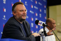 Philadelphia 76ers' Daryl Morey speaks during a news conference at the team's NBA basketball practice facility, Friday, May 13, 2022, in Camden, N.J. (AP Photo/Matt Slocum)