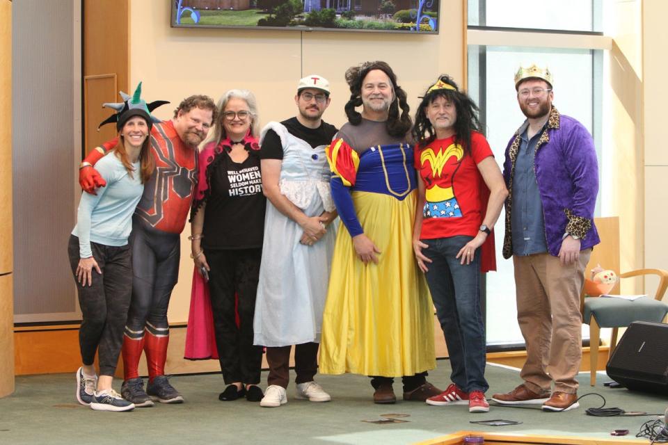 Clergy, staff, and congregants at Congregation Micah in Brentwood, Tennessee,  celebrate Purim.