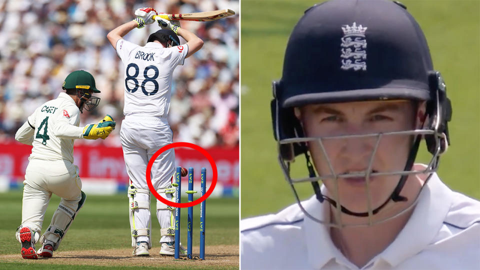 Harry Brook looks back at his stumps as the ball hits the bails on the left, and is seen walking off the ground on the right.