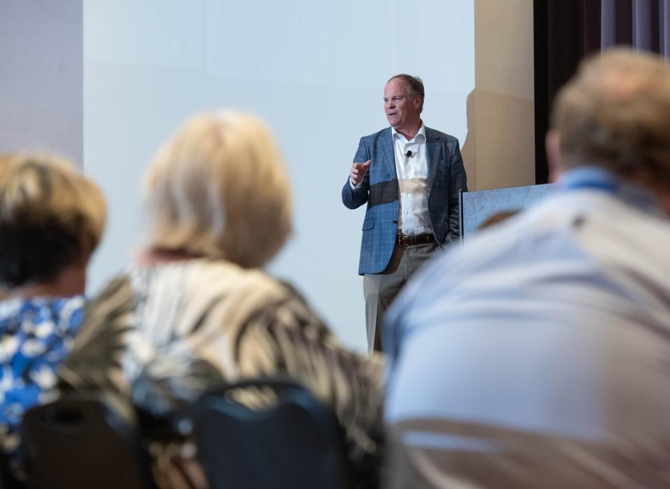 David Magee, author and the creator of The William Magee Institute for Student Wellbeing at the University of Mississippi, speaks about how adolescents nationwide are struggling with mental health and substance misuse issues during CivicCon at the Brownsville Community Center in Pensacola on Tuesday, Aug. 15, 2023.