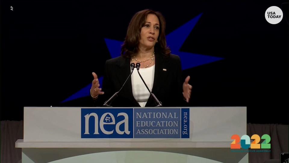 Kamala Harris speaks at the National Education Association convention in Chicago, Illinois on July 5, 2022.