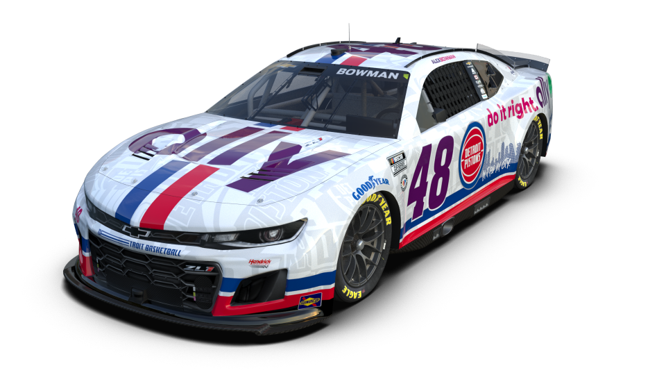 The Pistons-themed No. 48 car of Alex Bowman to run in Sunday's NASCAR FireKeepers 400 at Michigan International Speedway.