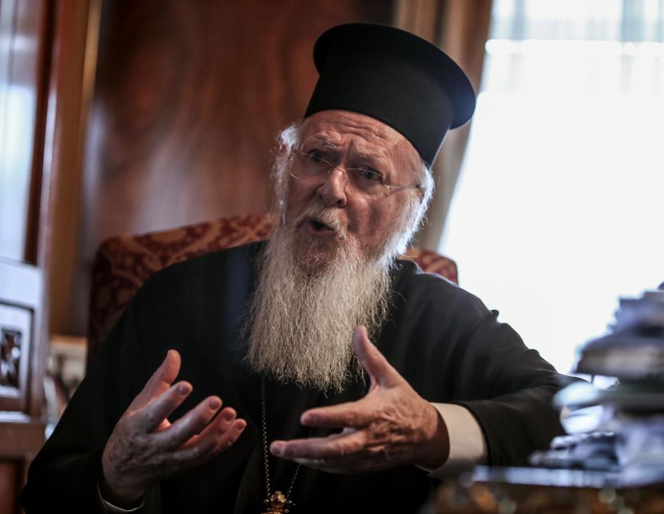 In this Friday, May 2, 2014 photo, Bartholomew I, spiritual leader of 250 million Orthodox Christians, speaks during an interview with The Associated Press in his office in Istanbul. Bartholomew I said a meeting with Pope Francis in Jerusalem this month will help move the two churches closer to ending their nearly one-thousand-year divide. (AP Photo/Emrah Gurel)