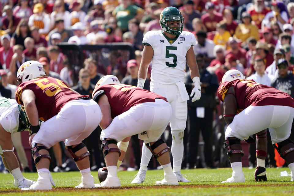 Baylor linebacker Dillon Doyle, 5, is ready to play in the second half of the NCAA college football game against Iowa State on Saturday, Sept. 24, 2022 in Ames, Iowa. Baylor won his 31-24.  (AP Photo/Charlie Nyvergal)