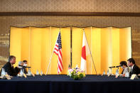 U.S. Deputy Secretary of State Stephen Biegun, left, and Japan's Foreign Minister Toshimitsu Motegi, right, attend their bilateral meeting in Tokyo Friday, July 10, 2020. (Behrouz Mehri/Pool Photo via AP)