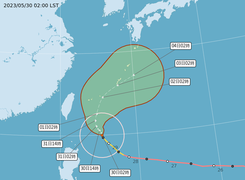 中颱「瑪娃」颱風中心目前在鵝鑾鼻東南東方海面，向北轉北北西移動，其暴風圈正逐漸進入巴士海峽及台灣東南部海面。（氣象局提供）