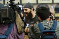 Oct 21, 2017: Houston, TX, USA; Houston Astros starting pitcher Dallas Keuchel (60) is interviewed after game seven of the 2017 ALCS playoff baseball series between the Houston Astros and the New York Yankees at Minute Maid Park. Troy Taormina-USA TODAY Sports