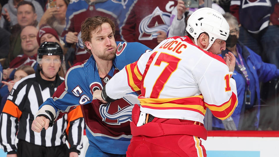 Kurtis MacDermid and Milan Lucic can't stop fighting. (Photo by Michael Martin/NHLI via Getty Images)