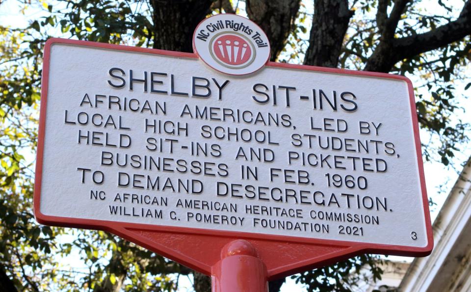 The new marker unveiled during the NC Civil Rights Trail Marker Ceremony Saturday morning, Feb. 19, 2022, in front of the former Smith’s Drug Store in Shelby.