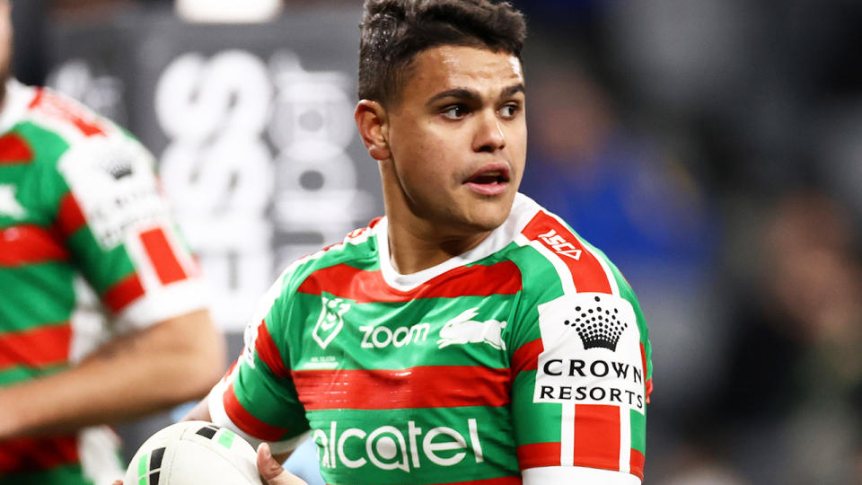 South Sydney's Latrell Mitchell is pictured making a break during the match against Parramatta.